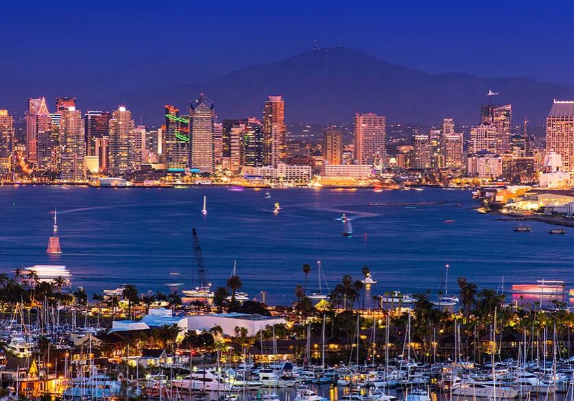 Scenic San Diego Panorama at Night. Shelter Island Yacht Basin,  North San Diego Bay, Americas Cup Harbor and the San Diego City Skyline.
